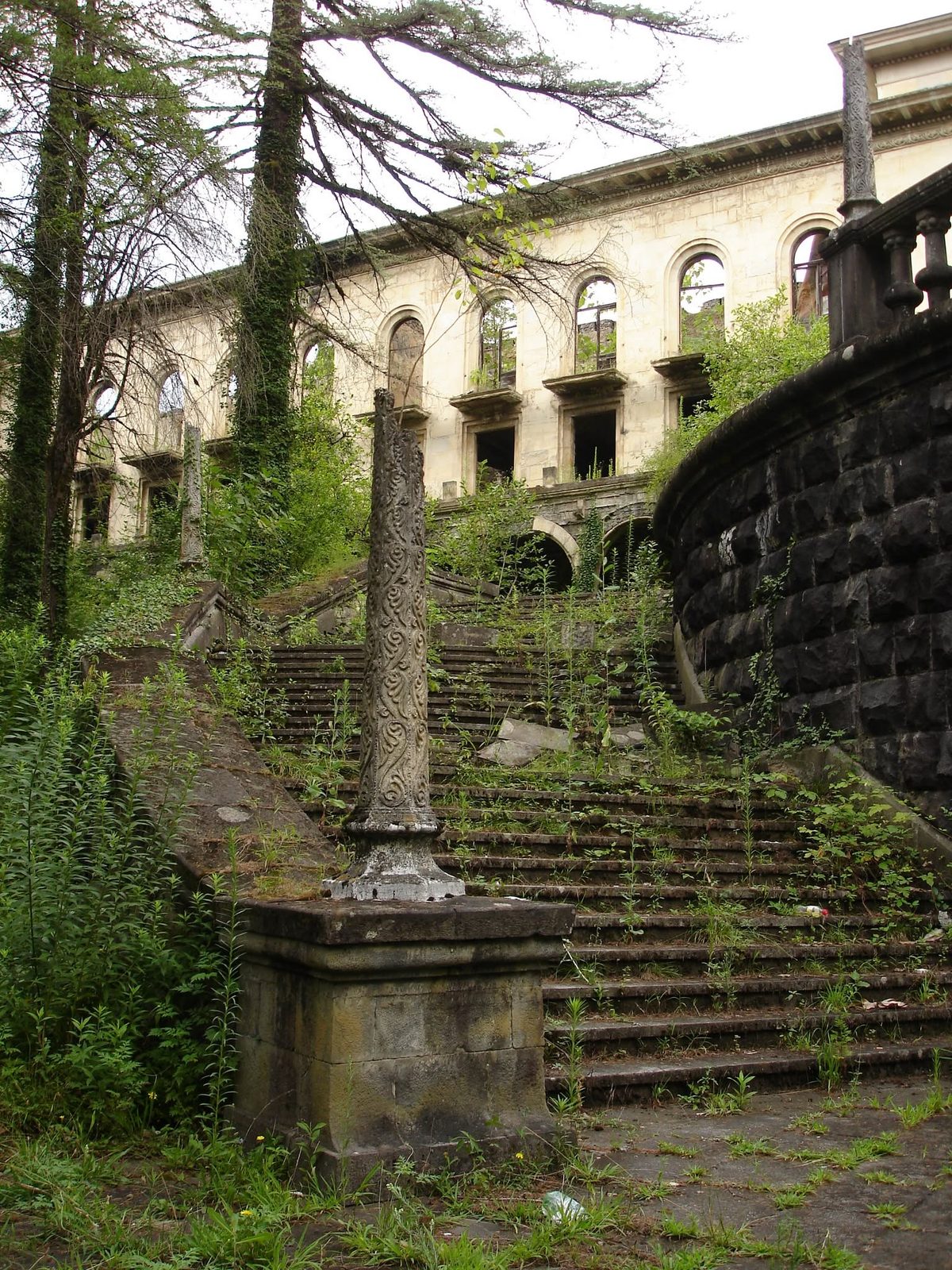 An overgrown staircase beside one of the buildings.